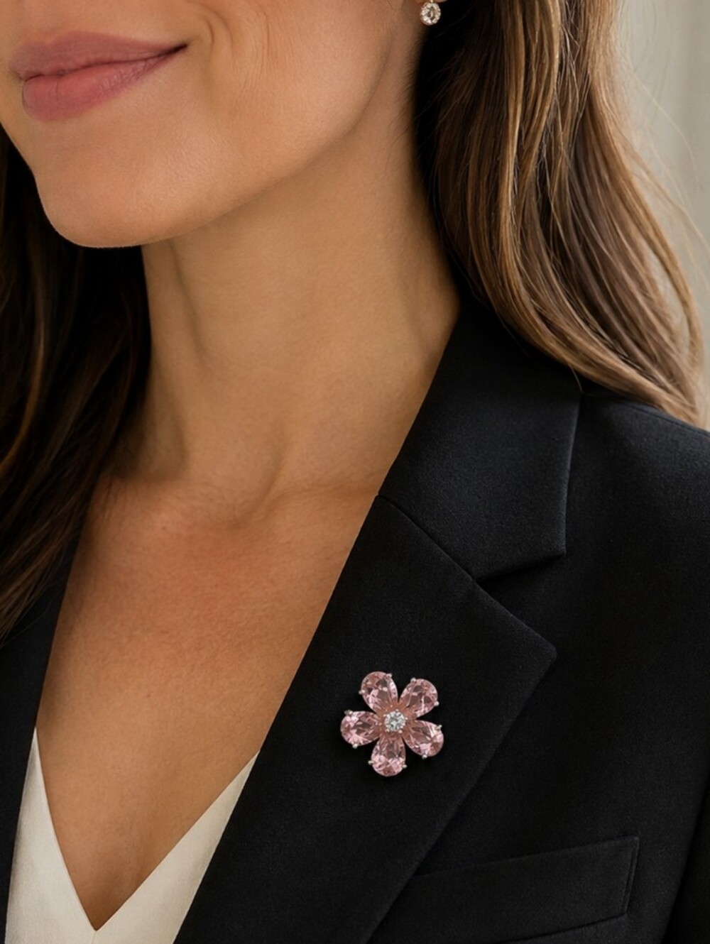 925 Sterling Silver Pink CZ Flower Brooch | Blush Pink Floral Pin